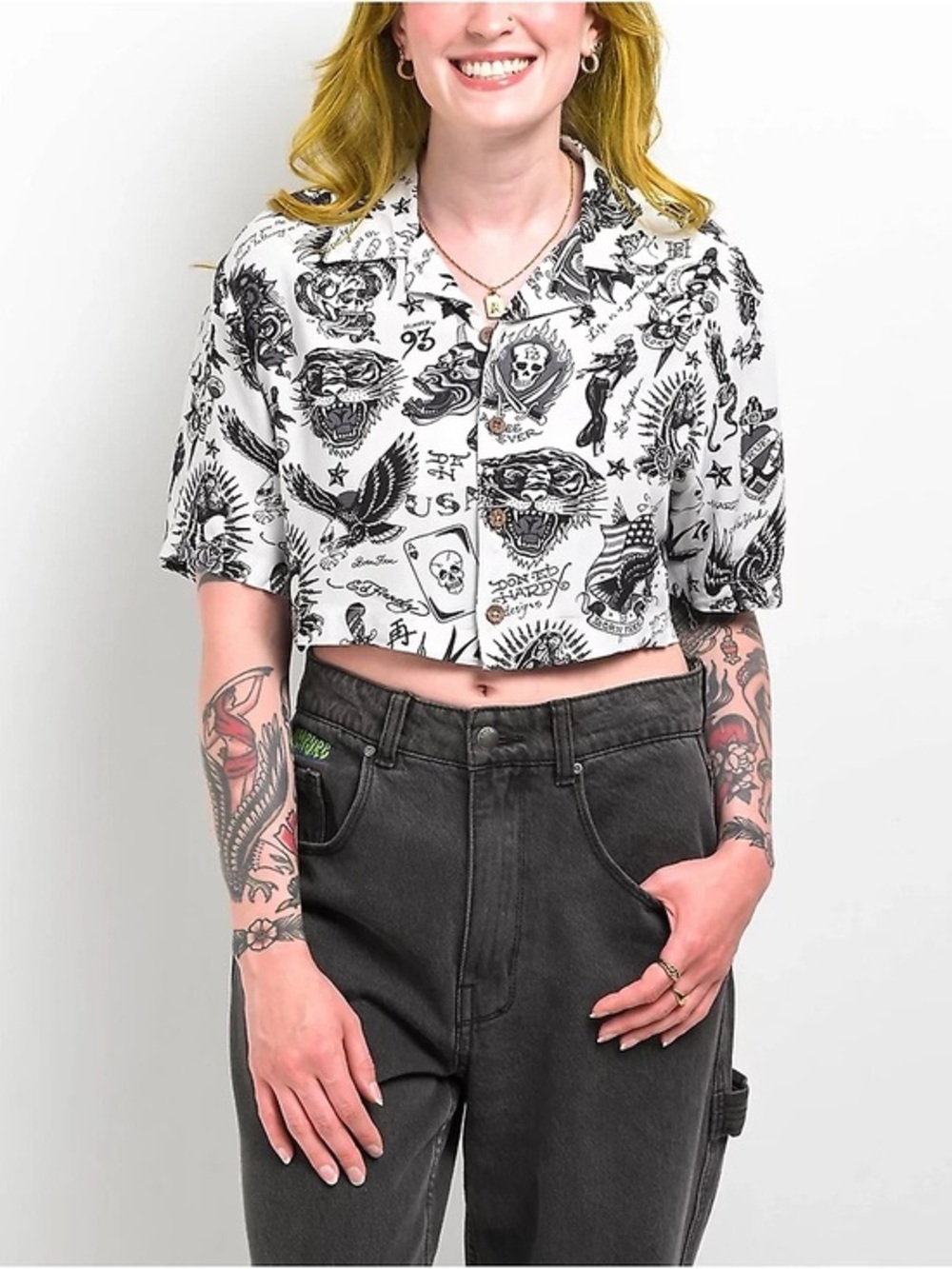 Y2K Ed Hardy Flashboard Button Up Shirt Large Crop Top White Black Short Sleeve